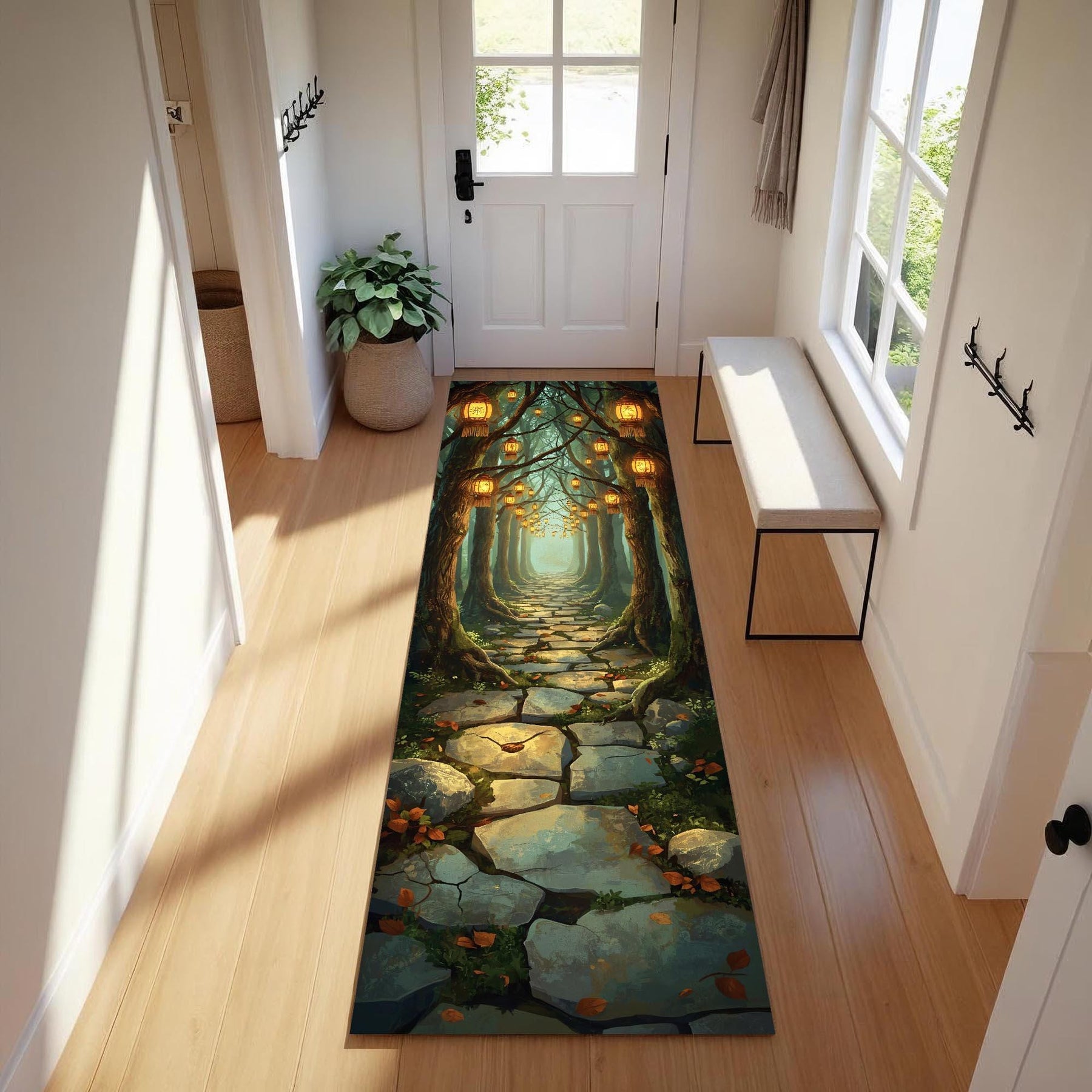 Lantern Forest Runner Rug, Enchanted Stone Path Carpet, Magical Tree Light Hallway Rug, Rustic Autumn Trail Fantasy Floor Decor