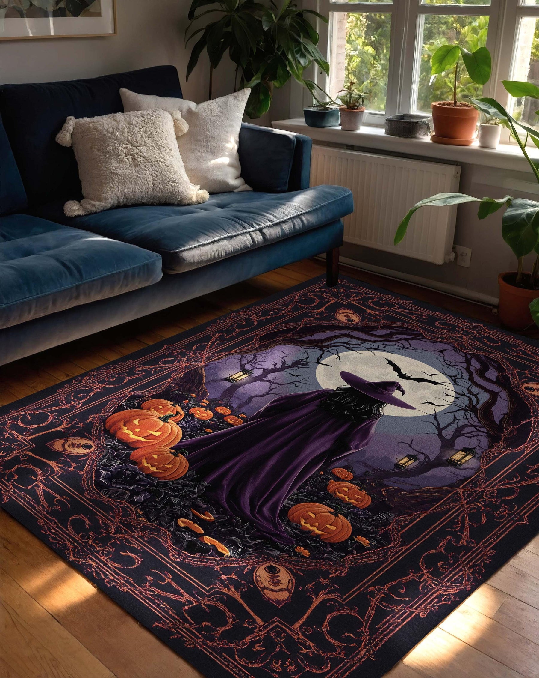 Dark Witch Halloween Rug with Moonlight and Pumpkins, Spooky Gothic Carpet for Witchy Living Room, Haunted House or Mystical Home Carpet