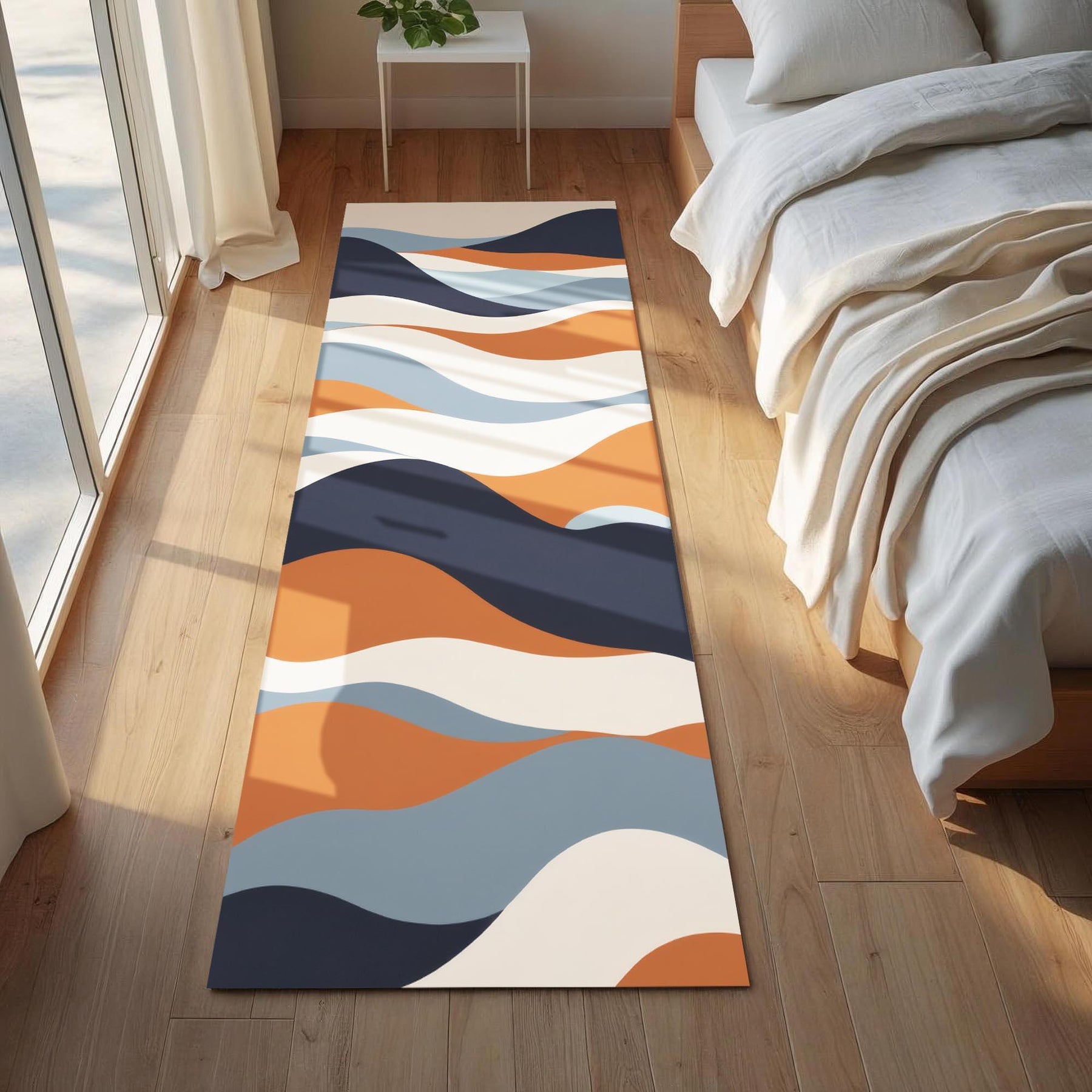 Retro Wave Runner Rug | Bold Mid-Century Modern Carpet with Orange, Navy & Blue Abstract Lines | Graphic Contemporary Hallway Decor