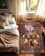 Whimsical Halloween Rug, Ghosts Trick or Treating with Black Cat and Haunted House, Purple Witchy Fall Carpet for Spooky Gothic Room Decor