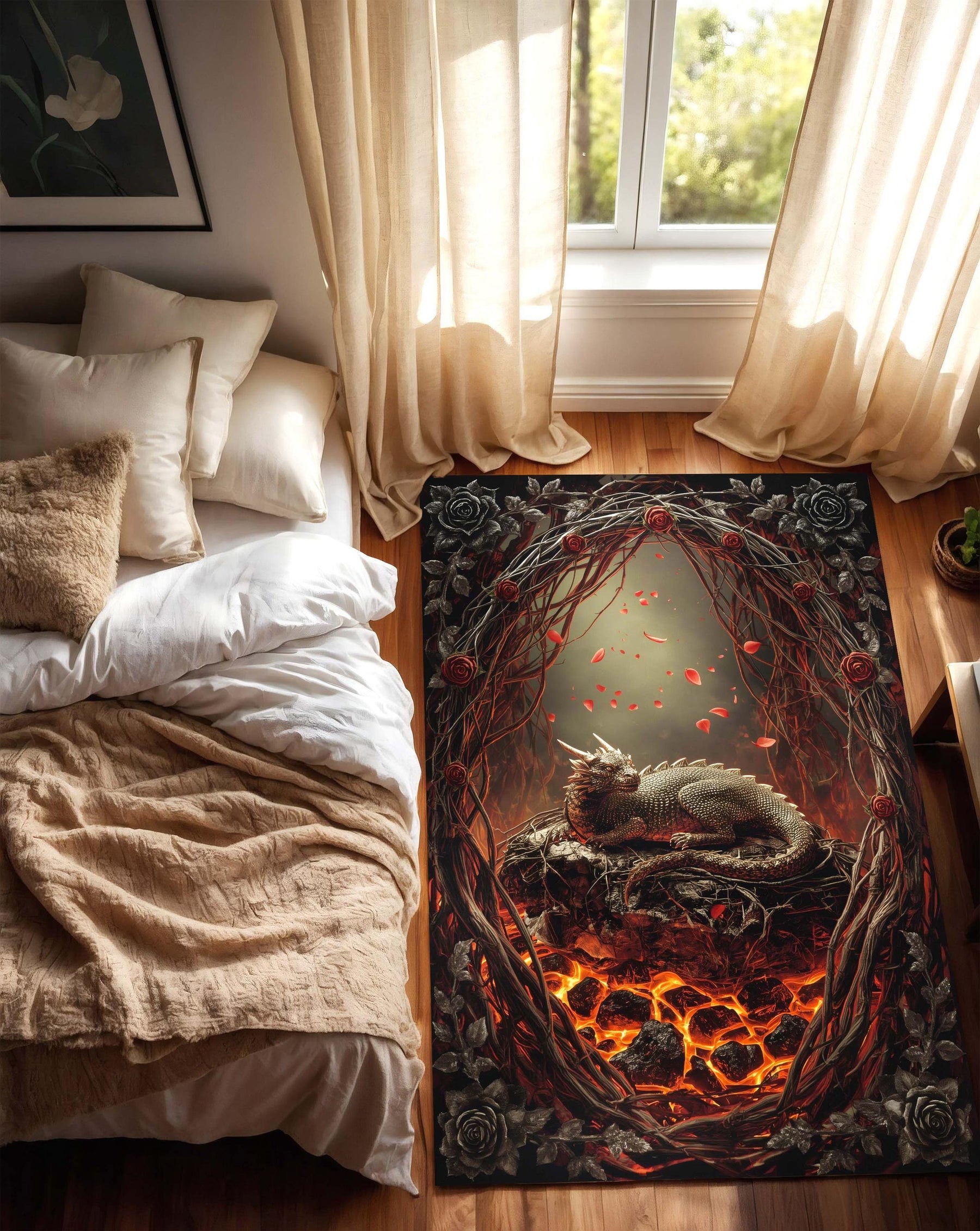 Gothic Dragon Rug for Dragonlovers, Gothic Fantasy Lava Lair Carpet with Thorns & Sleeping Beast