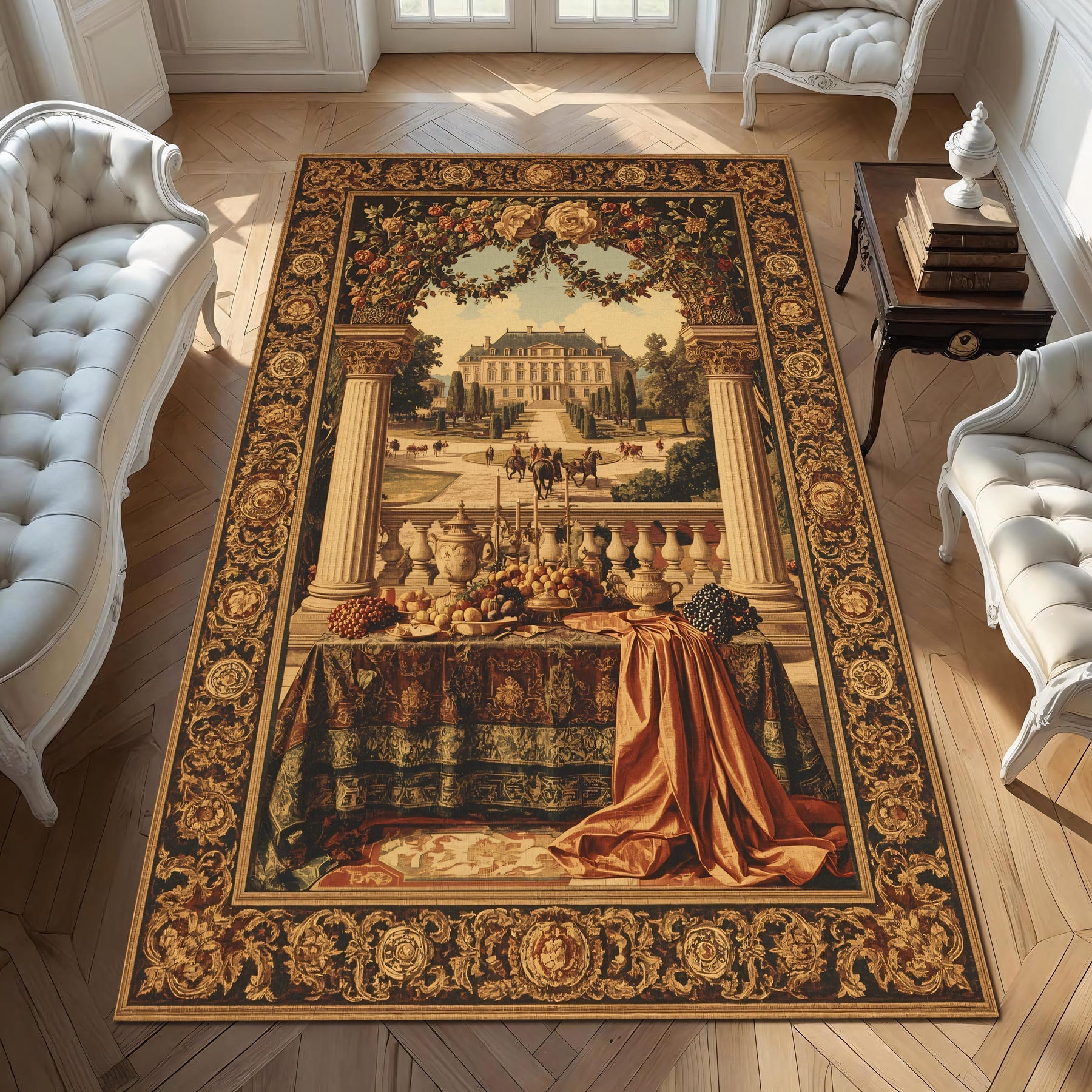 Vintage French Style Rug With Château Picnic Scene, Baroque Fruit Table Print, Antique Tapestry Look Rug For Elegant Country Kitchens