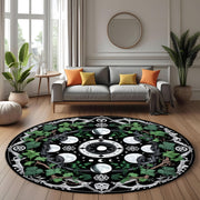 Dark Botanical Moon Phase Round Rug, Witchy Botanical Circle Carpet, Gothic Lunar Altar Decor