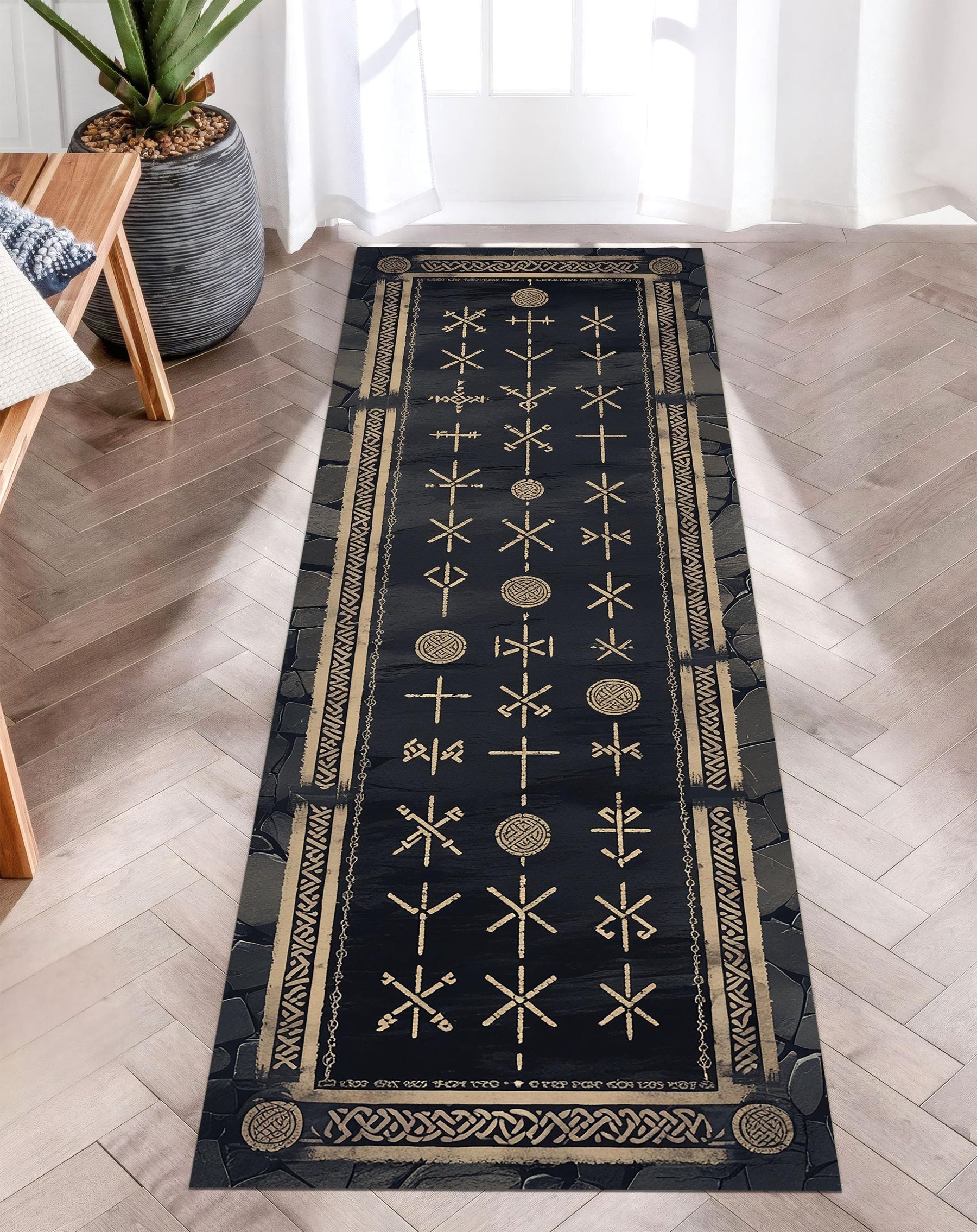 Viking Rune Runner Rug, Nordic Symbol Carpet, Norse Pagan Hallway Rug, Dark Scandinavian Decor Rug, Mysterious Rune Pathway Rug