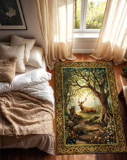 Deer Tapestry Rectangular Rug, Regal Forest Stag Rug, Classical Nature Scene Carpet