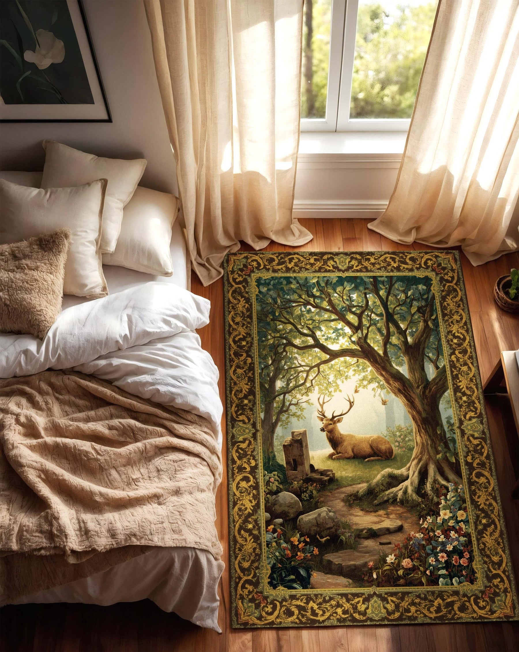 Deer Tapestry Rectangular Rug, Regal Forest Stag Rug, Classical Nature Scene Carpet