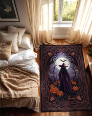 Dark Witch Halloween Rug with Moonlight and Pumpkins, Spooky Gothic Carpet for Witchy Living Room, Haunted House or Mystical Home Carpet