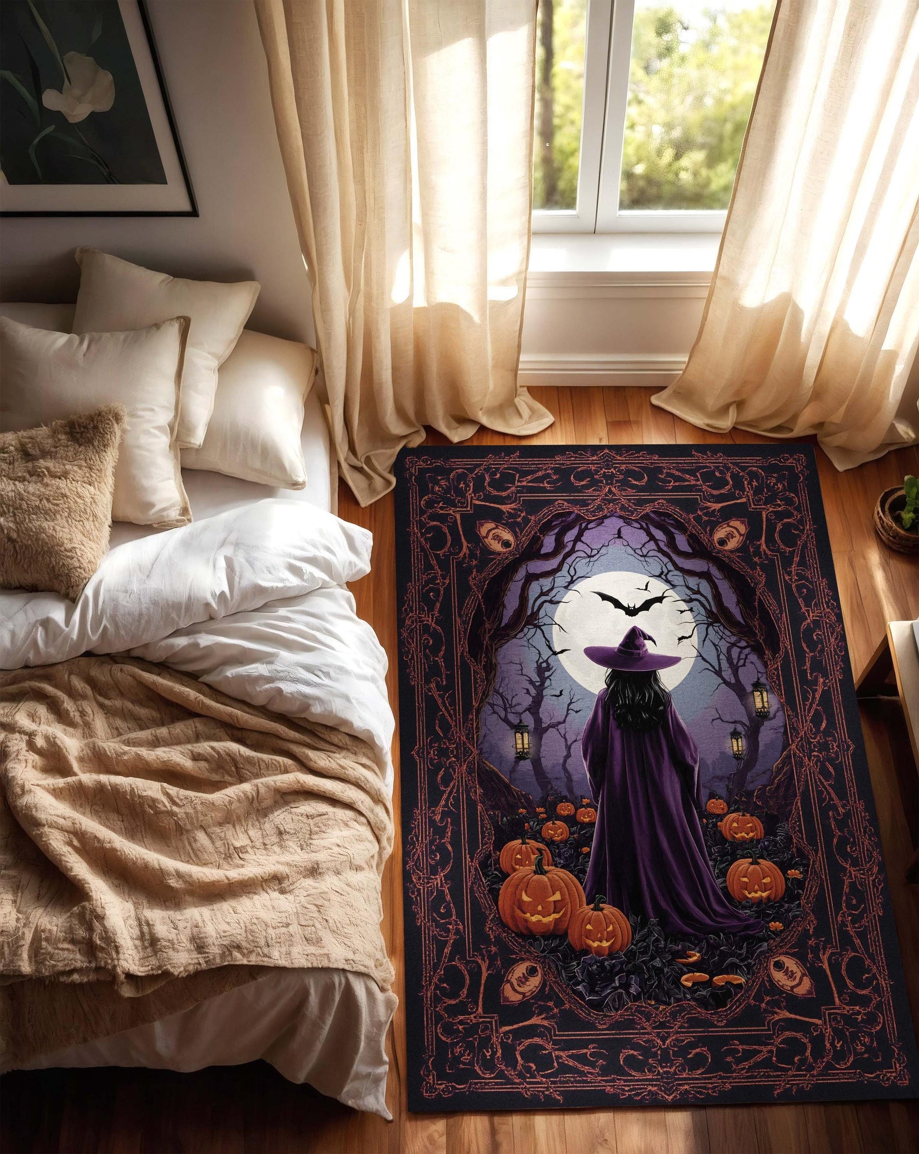 Dark Witch Halloween Rug with Moonlight and Pumpkins, Spooky Gothic Carpet for Witchy Living Room, Haunted House or Mystical Home Carpet