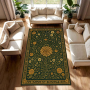 Vintage Botanical Floral Rug, Olive Green and Yellow Rose Carpet, Gobelin Style Area Rug for Boho Living Room, Elegant Tapestry Inspired Mat
