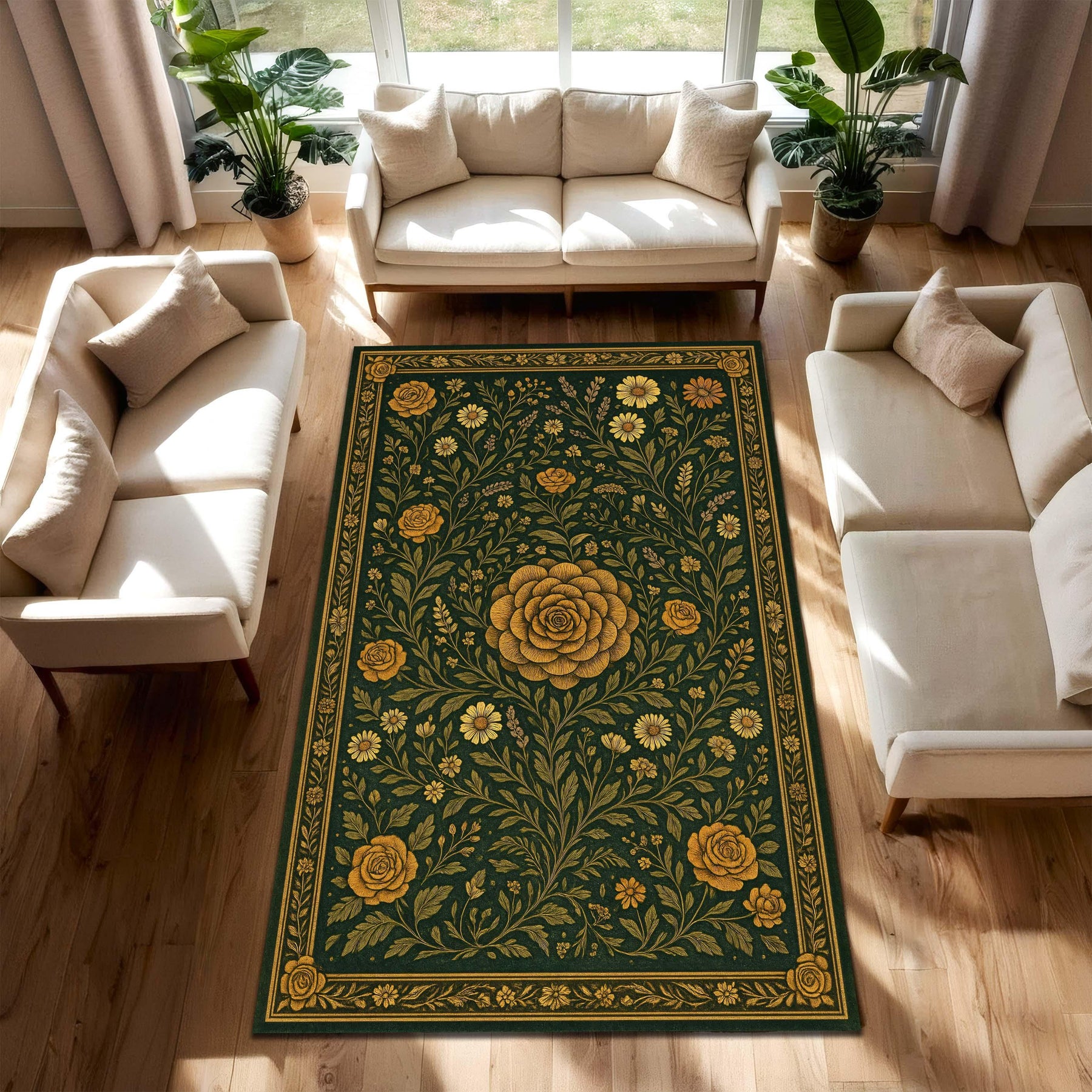 Vintage Botanical Floral Rug, Olive Green and Yellow Rose Carpet, Gobelin Style Area Rug for Boho Living Room, Elegant Tapestry Inspired Mat