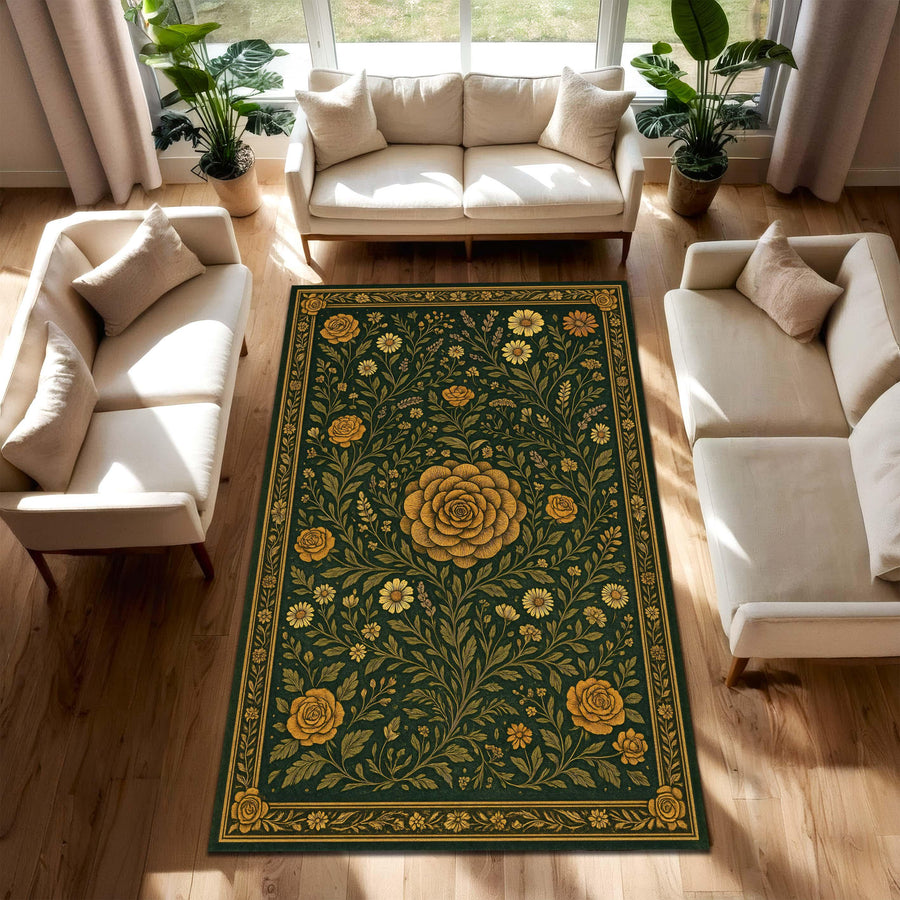 Vintage Botanical Floral Rug, Olive Green and Yellow Rose Carpet, Gobelin Style Area Rug for Boho Living Room, Elegant Tapestry Inspired Mat