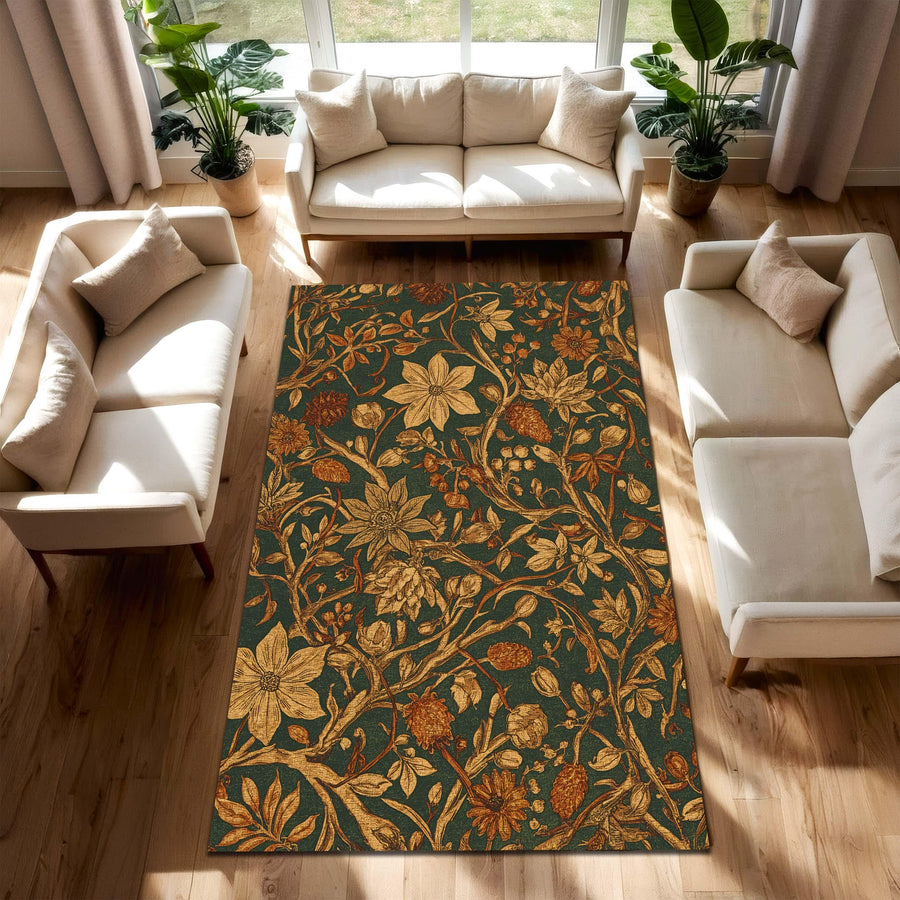 Vintage Botanical Floral Rug for Living Room, Dark Green and Gold Leaf Carpet, Elegant Nature Inspired Area Rug, Arts and Crafts Style Decor