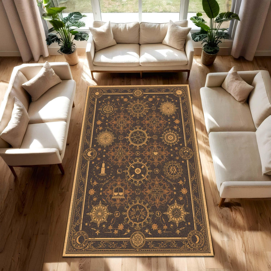 Sacred Geometry Rug, Cosmic Symbol Astrology Carpet, Dark Boho Star Map Floor Mat, Esoteric Mystical Decor for Witchy Spiritual Interiors