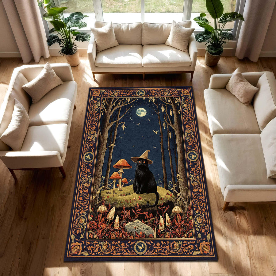 Witchy Black Cat Rug, Halloween Magic Mushroom Decor, Dark Cottagecore Witch Room Rug