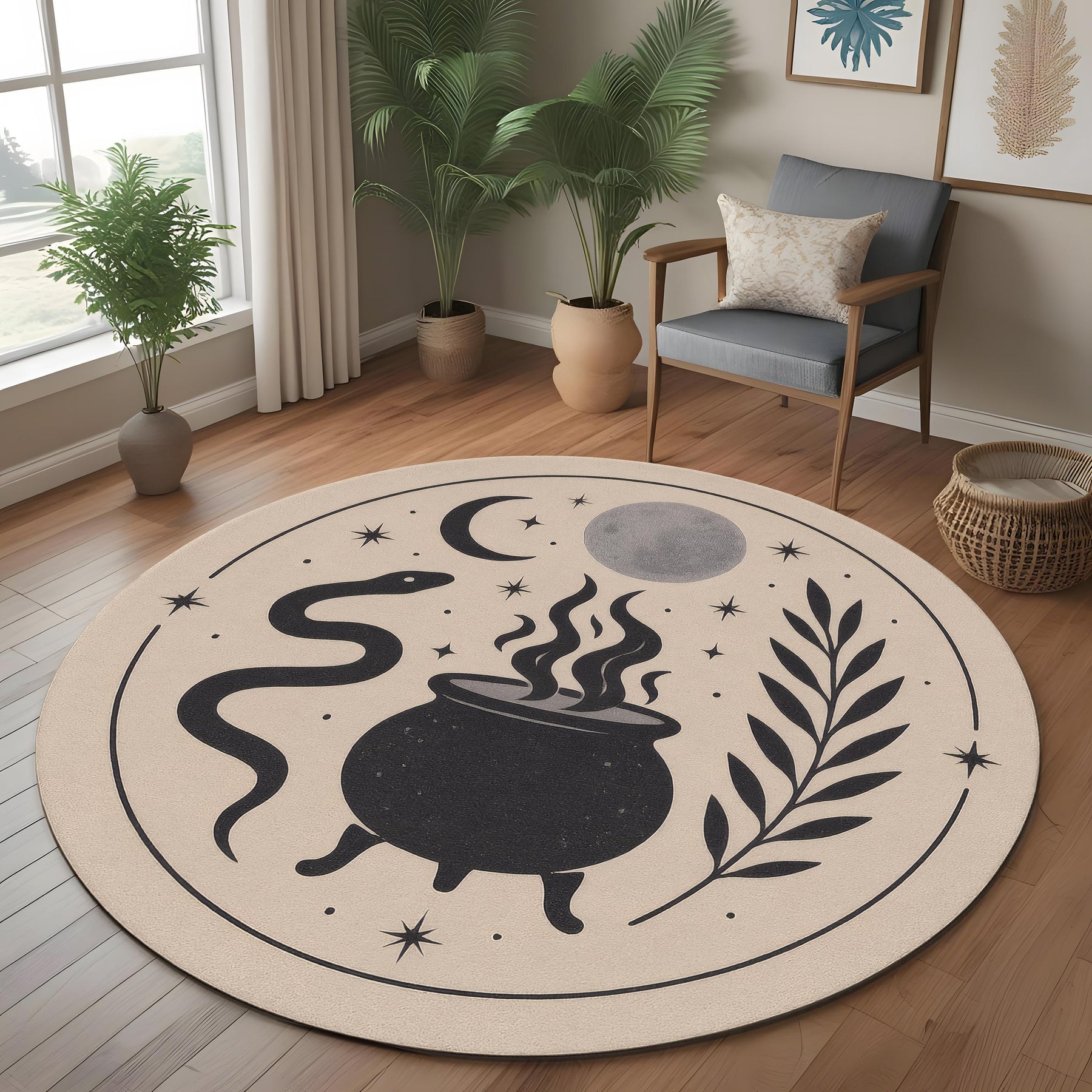 Witch Cauldron Round Rug: Mystic Snake And Moon Design Carpet For Occult, Boho Or Witchy Room Decor