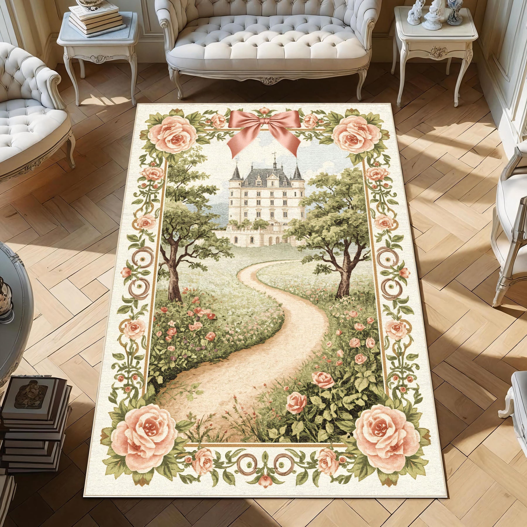 Fairytale Chateau Rug, Romantic Pathway Castle Carpet, Pink Floral Tapestry Rug, Vintage French Princess Decor, Storybook Garden Rug