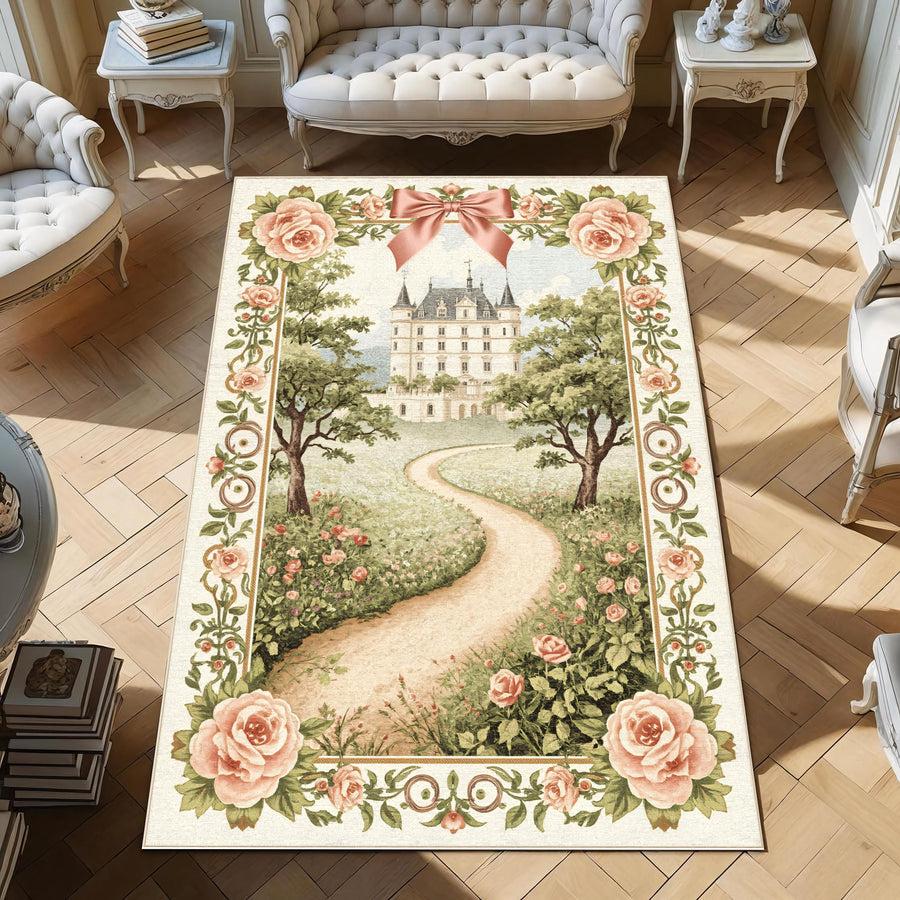 Fairytale Chateau Rug, Romantic Pathway Castle Carpet, Pink Floral Tapestry Rug, Vintage French Princess Decor, Storybook Garden Rug