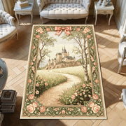 Châteaucore Castle Rug, Fairytale Rose Path Carpet, French Storybook Decor, Antique Style Tapestry Rug, Romantic Pastel Castleview Rug