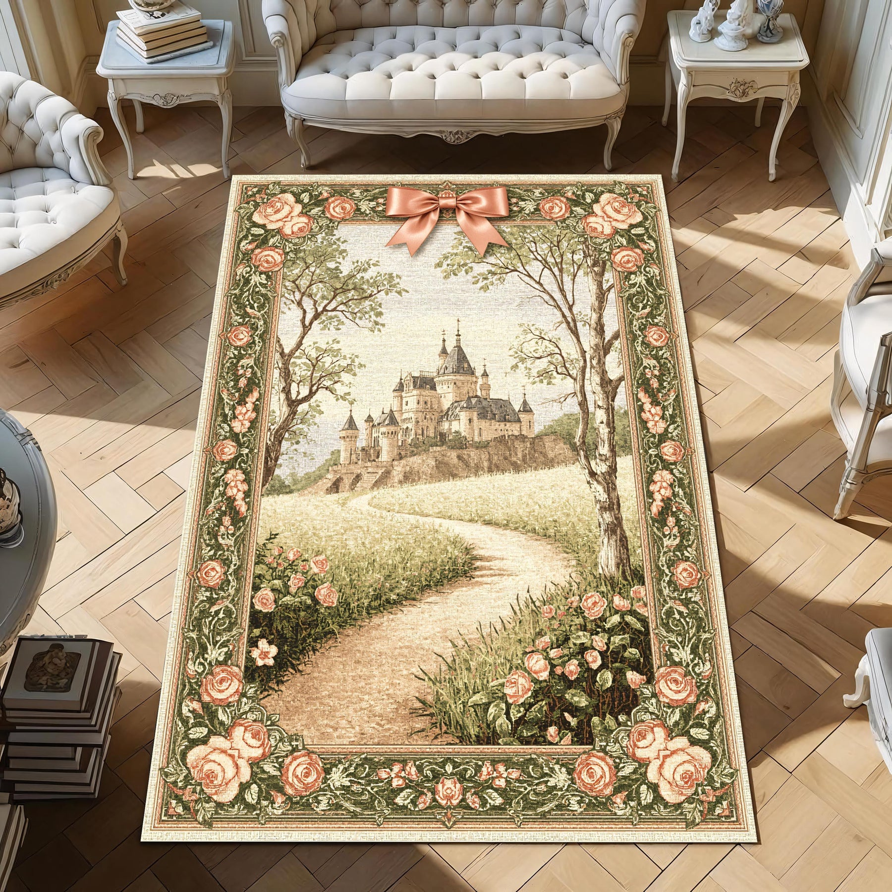 Châteaucore Castle Rug, Fairytale Rose Path Carpet, French Storybook Decor, Antique Style Tapestry Rug, Romantic Pastel Castleview Rug