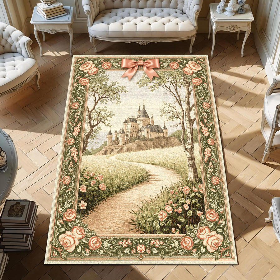 Châteaucore Castle Rug, Fairytale Rose Path Carpet, French Storybook Decor, Antique Style Tapestry Rug, Romantic Pastel Castleview Rug