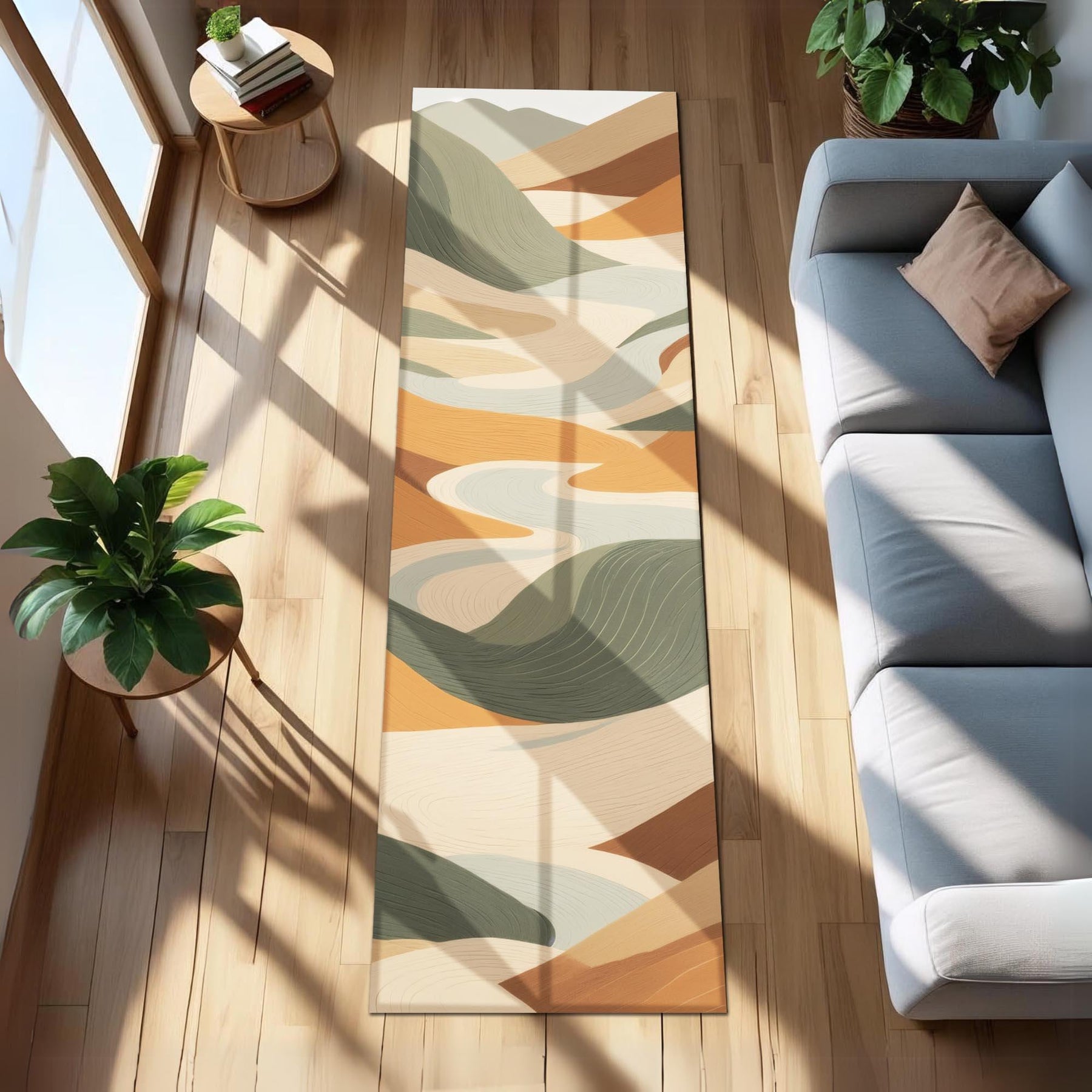 Modern Abstract Landscape Runner Rug | Earthy Boho Carpet with Flowing Hills & Warm Neutral Tones | Japandi or Zen Inspired Hallway Decor