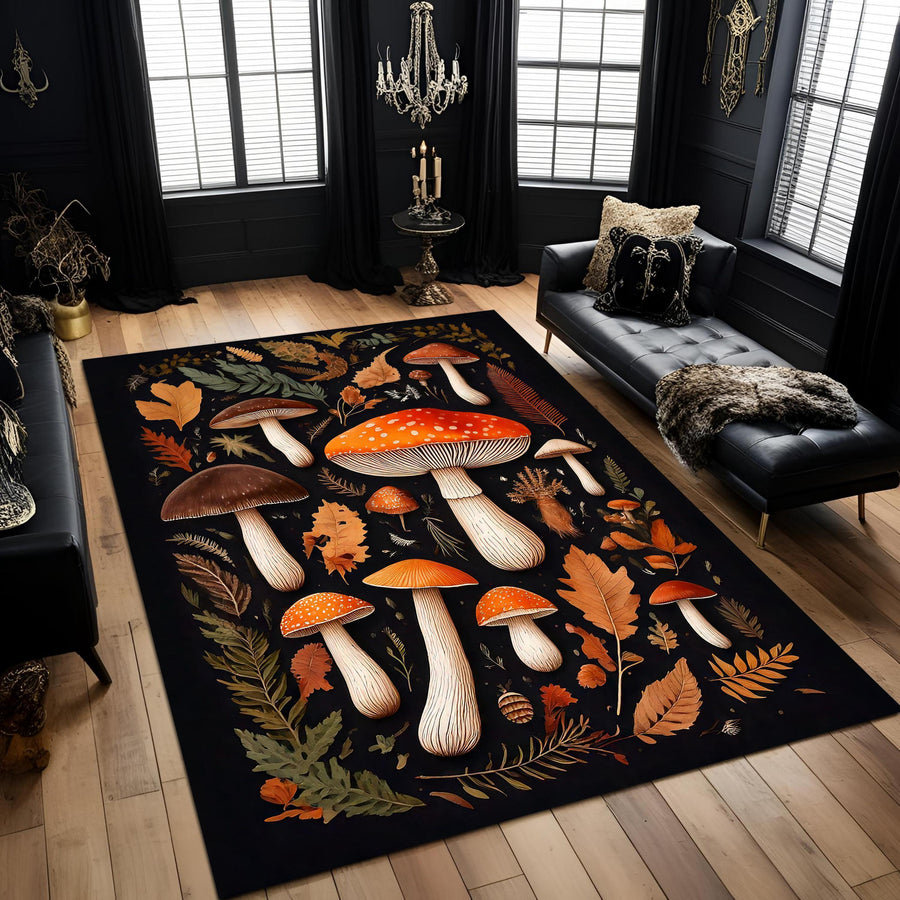 Forest Mushroom Rug: Botanical Toadstool Illustration in Autumn Colors, Cottagecore Nature Carpet for Rustic or Gothic Interiors