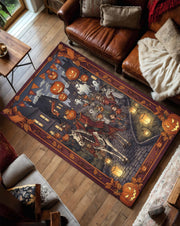 Halloween Parade Rug, Pumpkin Ghost Carpet, Trick Or Treat Fall Decor, Spooky Autumn Tapestry, Washable Haunted Town Halloween Mat