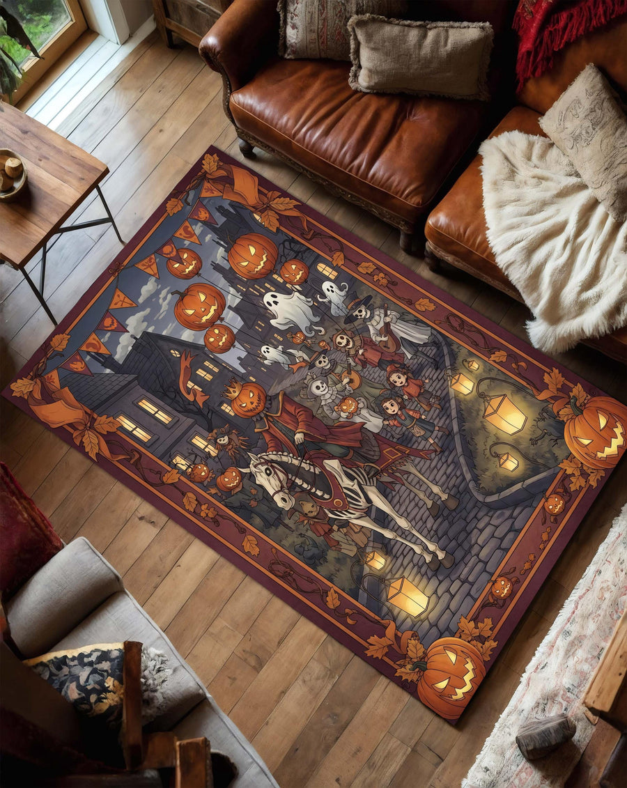 Halloween Parade Rug, Pumpkin Ghost Carpet, Trick Or Treat Fall Decor, Spooky Autumn Tapestry, Washable Haunted Town Halloween Mat