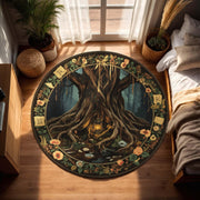 Ancient Tree Round Rug | Mystical Forest Carpet with Lantern, Roots & Floral Symbols | Fairytale Woodland Decor | Fantasy Nature Room Decor