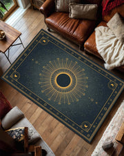 Celestial Sun Eclipse Rug, Dark Blue Solar Mandala Carpet, Gold Astrology Floor Mat, Witchy Zodiac Decor for Cosmic and Spiritual Homes