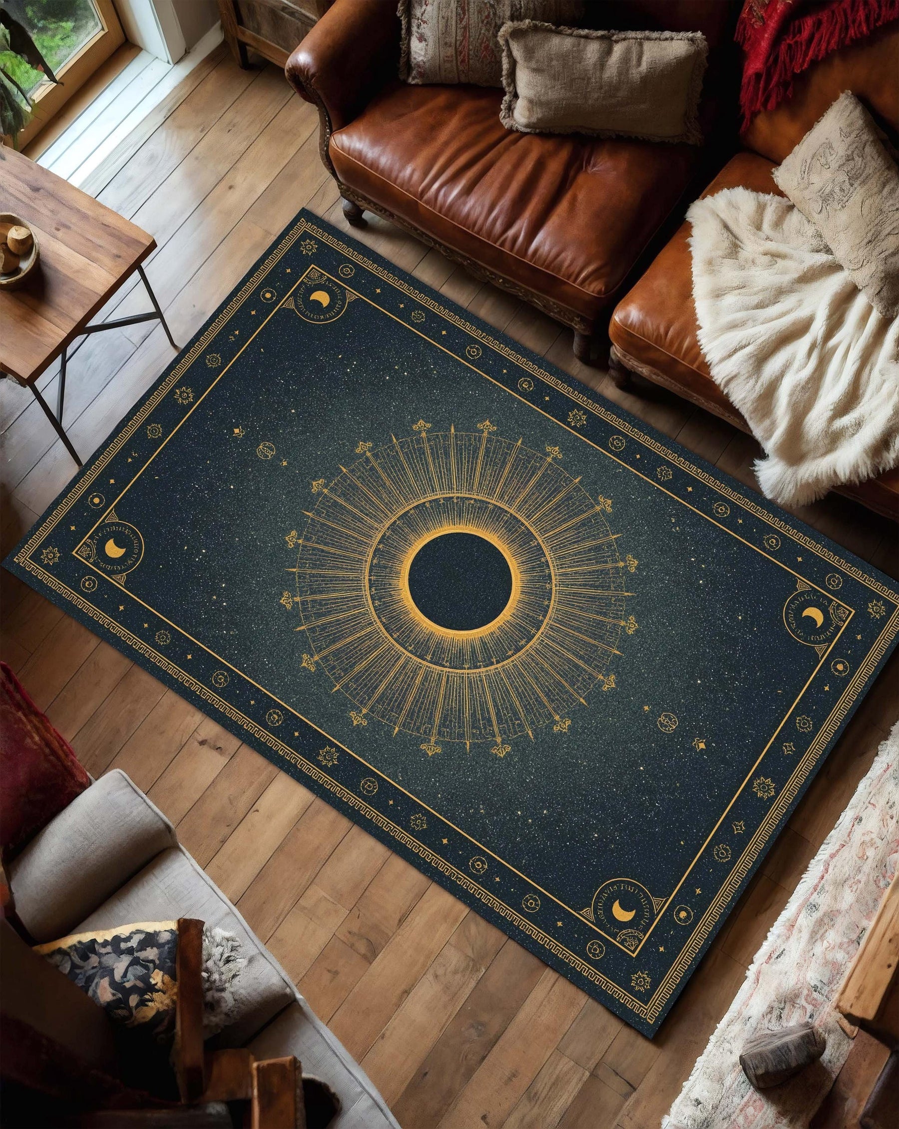 Celestial Sun Eclipse Rug, Dark Blue Solar Mandala Carpet, Gold Astrology Floor Mat, Witchy Zodiac Decor for Cosmic and Spiritual Homes