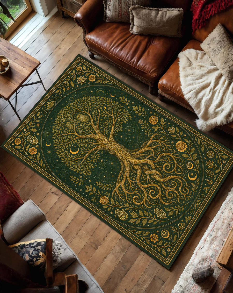 Tree of Life Rug, Olive Green and Gold Spiritual Carpet, Mystical Boho Botanical Area Rug for Meditation Room or Living Room Decor