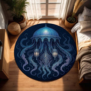 Mystic Lantern Jellyfish Rug, Fantasy Round Carpet with Floating Dome and Tentacles, Dark Surreal Night Sky Area Rug, Magical Floor Decor