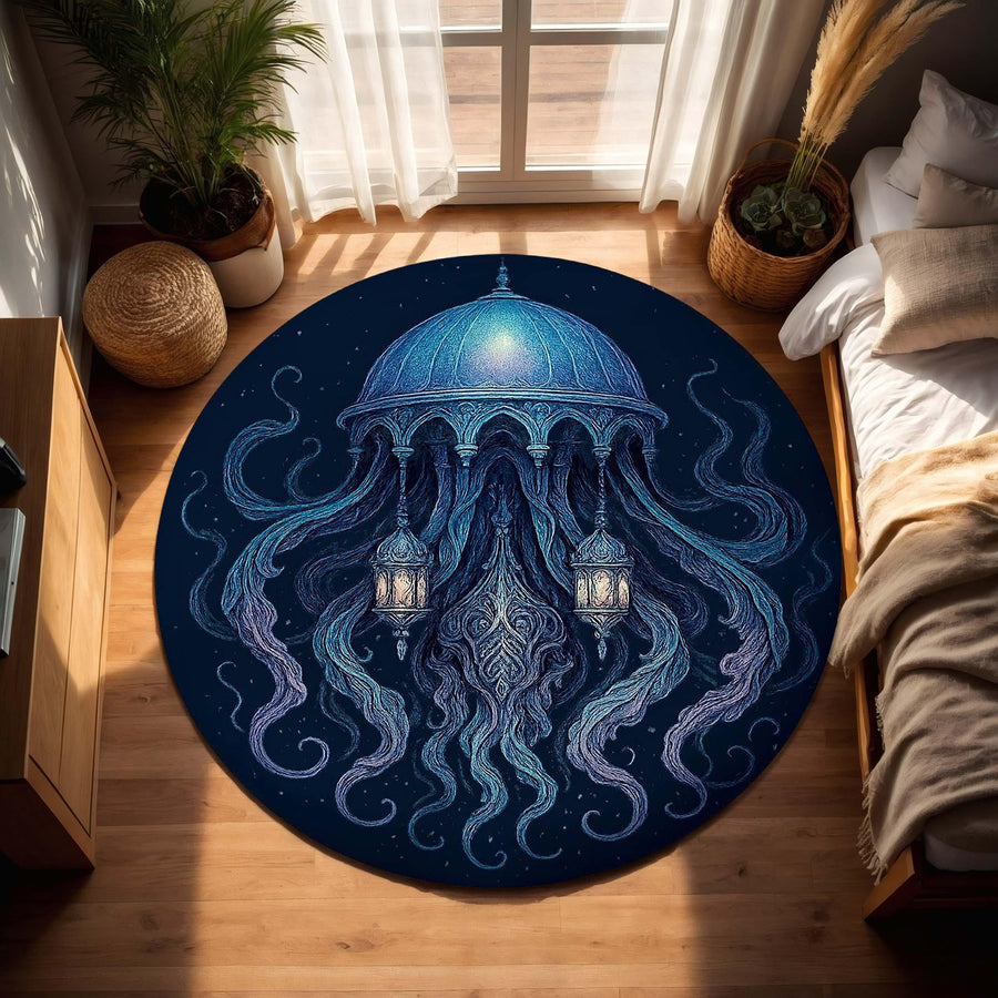 Mystic Lantern Jellyfish Rug, Fantasy Round Carpet with Floating Dome and Tentacles, Dark Surreal Night Sky Area Rug, Magical Floor Decor