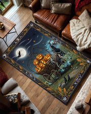 Halloween Skeleton Horse Rug, Spooky Pumpkin Wagon Carpet, Gothic Fall Decor Rug for Living Room or Halloween Entryway, Spooky Season Rug