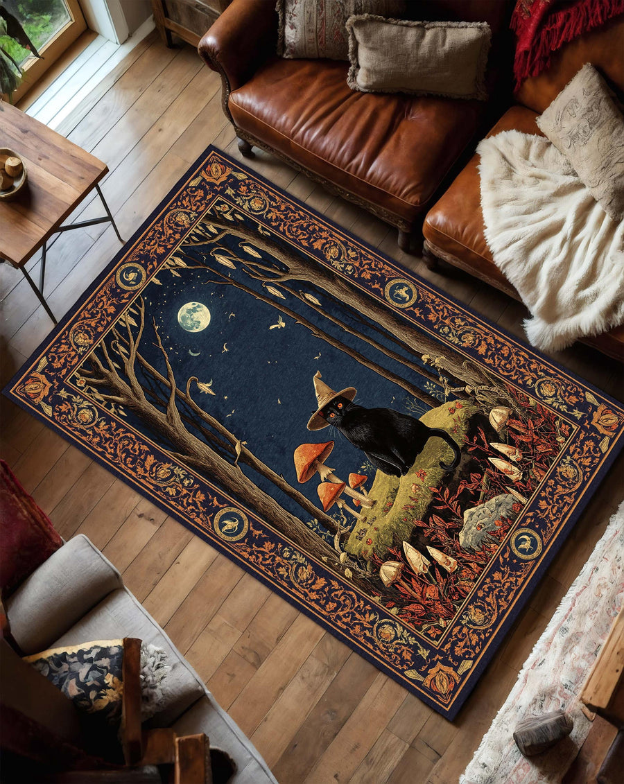 Witchy Black Cat Rug, Halloween Magic Mushroom Decor, Dark Cottagecore Witch Room Rug