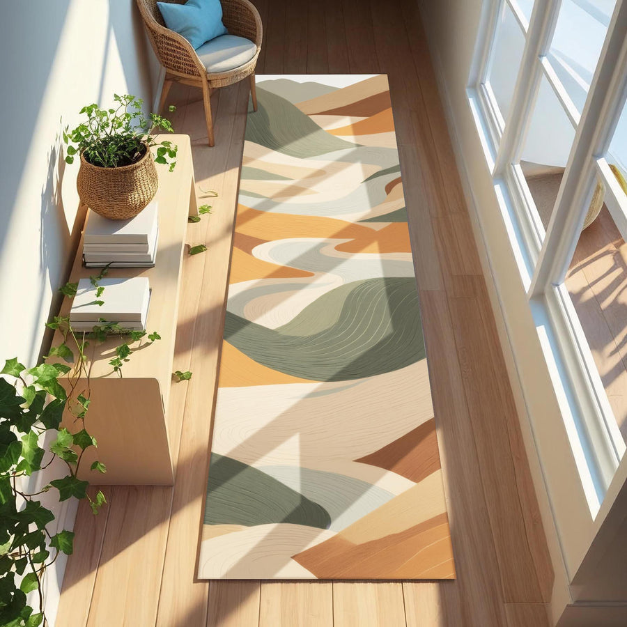Modern Abstract Landscape Runner Rug | Earthy Boho Carpet with Flowing Hills & Warm Neutral Tones | Japandi or Zen Inspired Hallway Decor