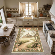 Châteaucore Castle Rug, Fairytale Rose Path Carpet, French Storybook Decor, Antique Style Tapestry Rug, Romantic Pastel Castleview Rug