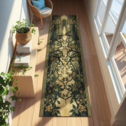 Gothic Garden Runner Rug, Classical Statue & Ivy Design Carpet, Dark Academia Hallway Decor with Mythical Archway Vintage Botanical Motifs