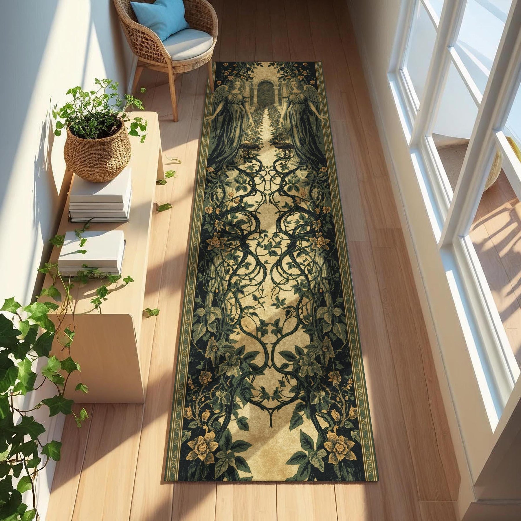 Gothic Garden Runner Rug, Classical Statue & Ivy Design Carpet, Dark Academia Hallway Decor with Mythical Archway Vintage Botanical Motifs