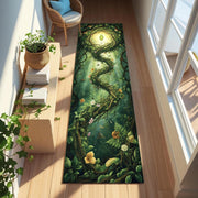 Enchanted Forest Runner Rug, Spiral Vine Path Nature Carpet, Botanical Fairycore Hallway Rug with Leaves, Flowers and Magical Light
