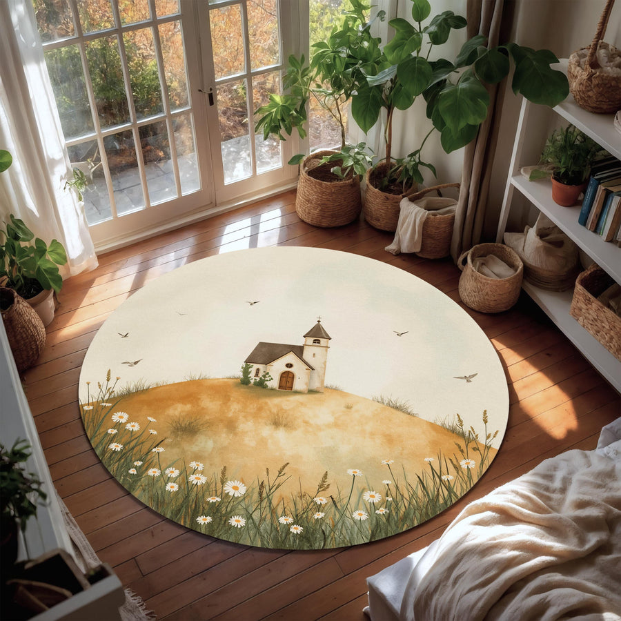 Vintage Country Church Round Rug, Daisy Meadow Floor Mat, French Cottagecore Decor, Pastoral Landscape Carpet, Soft Neutral Area Rug