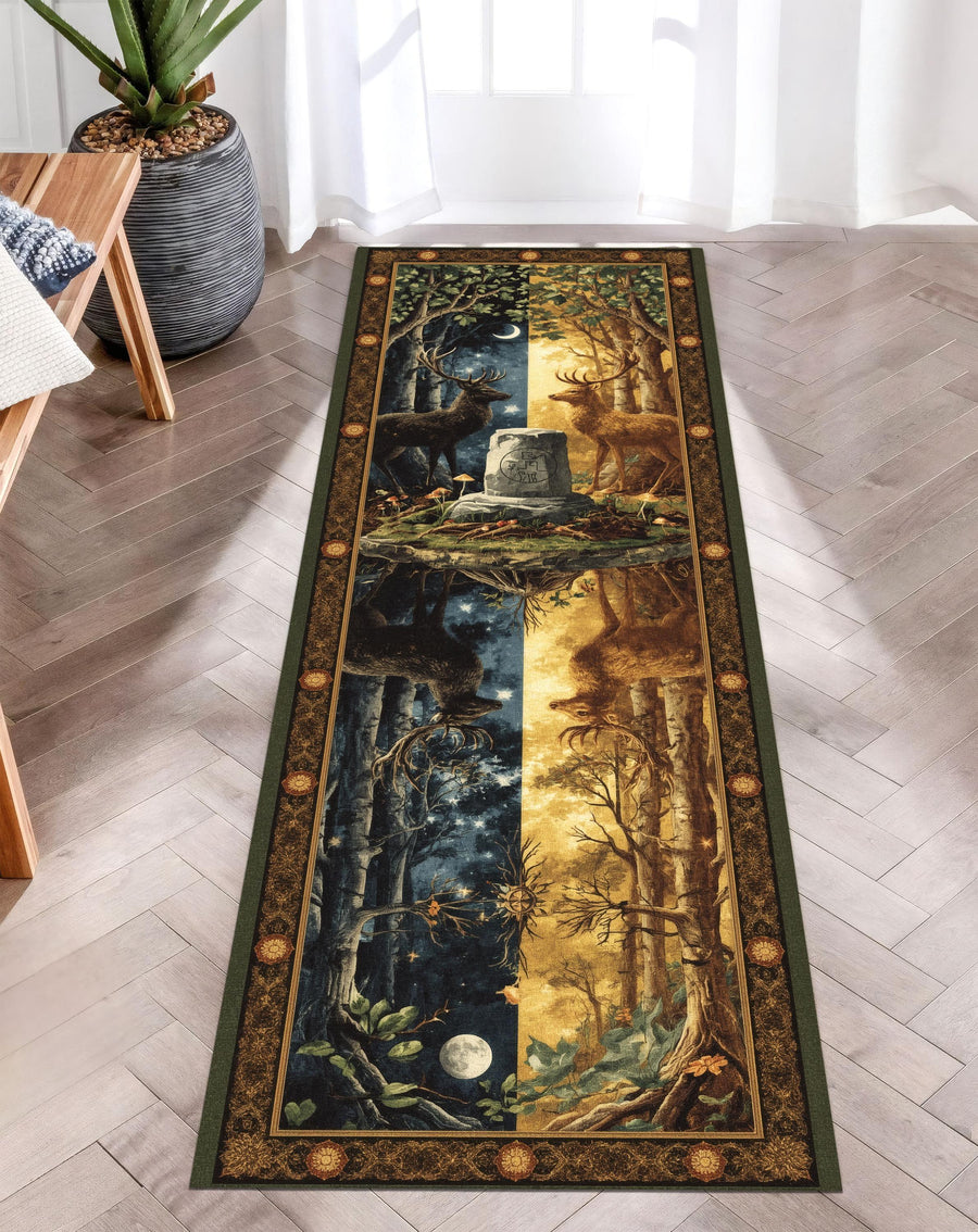 Twin Antler Grove Rug, Day and Night Deer Runner, Mythical Forest Rug, Fantasy Tapestry Hallway Mat, Woodland Stag Rug, Washable Decor Rug