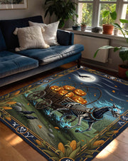 Halloween Skeleton Horse Rug, Spooky Pumpkin Wagon Carpet, Gothic Fall Decor Rug for Living Room or Halloween Entryway, Spooky Season Rug
