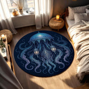 Mystic Lantern Jellyfish Rug, Fantasy Round Carpet with Floating Dome and Tentacles, Dark Surreal Night Sky Area Rug, Magical Floor Decor