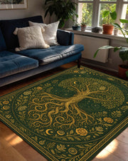 Tree of Life Rug, Olive Green and Gold Spiritual Carpet, Mystical Boho Botanical Area Rug for Meditation Room or Living Room Decor