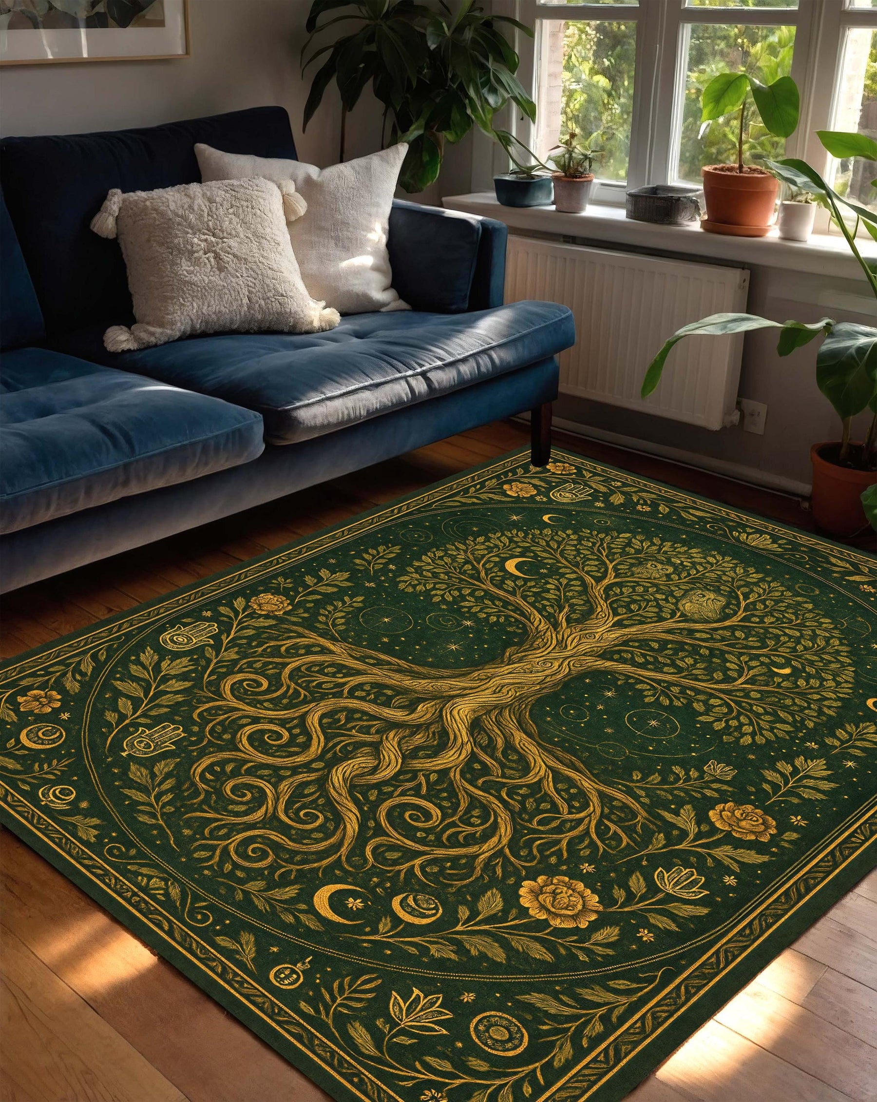 Tree of Life Rug, Olive Green and Gold Spiritual Carpet, Mystical Boho Botanical Area Rug for Meditation Room or Living Room Decor