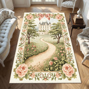 Fairytale Chateau Rug, Romantic Pathway Castle Carpet, Pink Floral Tapestry Rug, Vintage French Princess Decor, Storybook Garden Rug