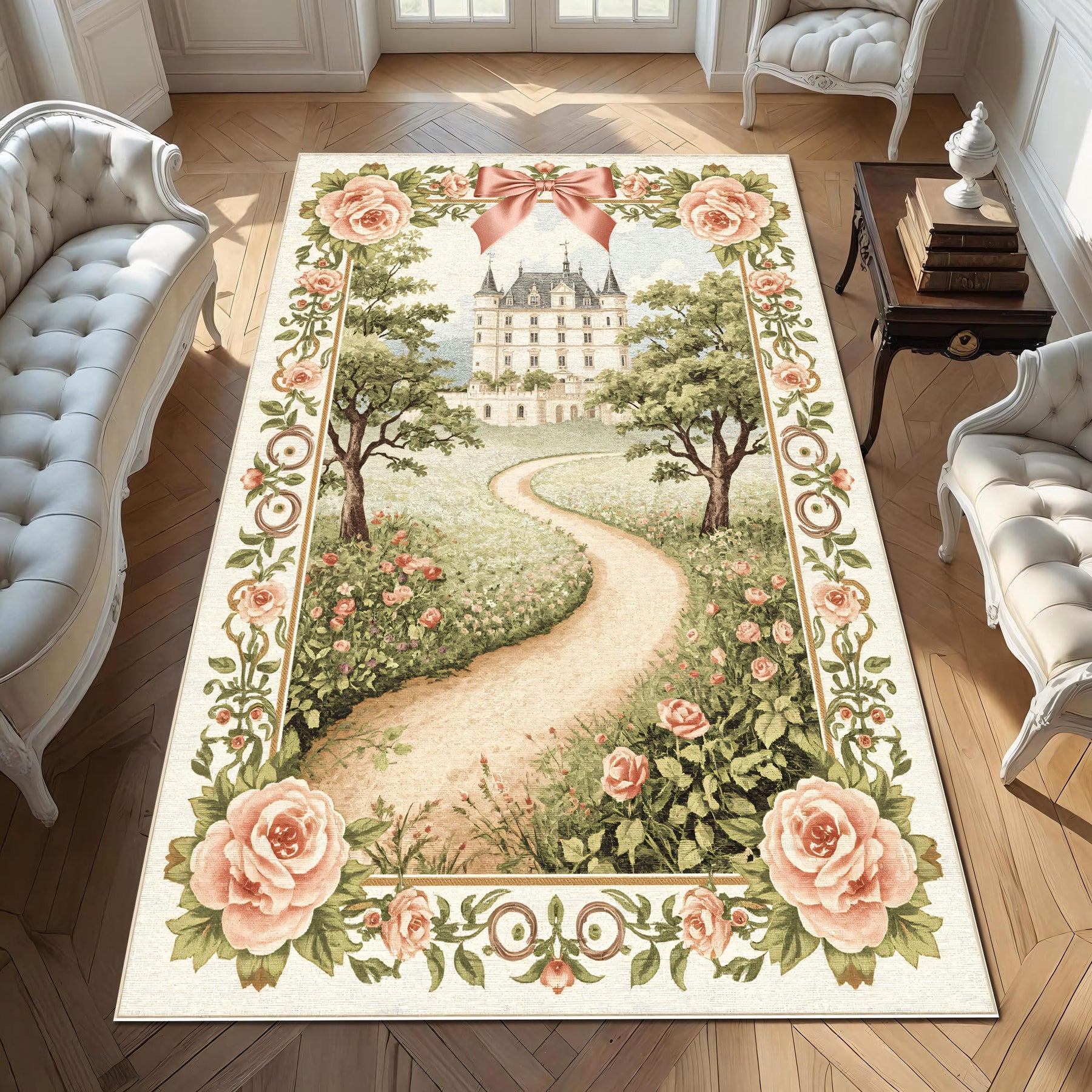 Fairytale Chateau Rug, Romantic Pathway Castle Carpet, Pink Floral Tapestry Rug, Vintage French Princess Decor, Storybook Garden Rug