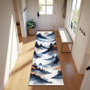 Zen Mountain Runner Rug | Japandi Style Landscape Carpet with Ink Wash Peaks, Pines & Orange Accents | Meditative Hallway or Entryway Decor
